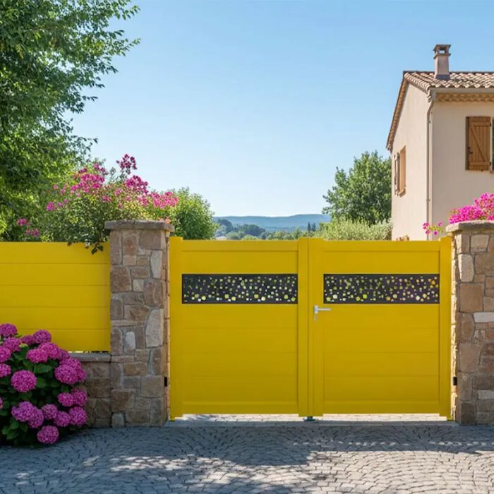 Portail aluminium BALERE jaune devant une maison provençale