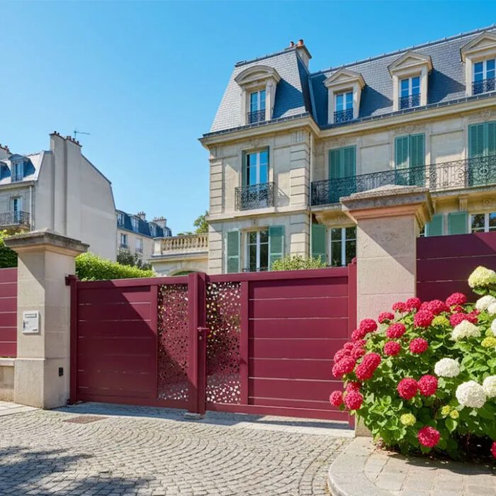 Portail aluminium BARBUDA rouge devant un immeuble haussmannien