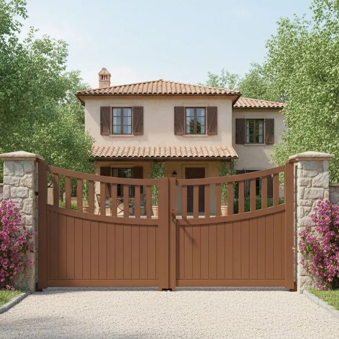 Portail aluminium BEN brun devant une villa méditerranéenne
