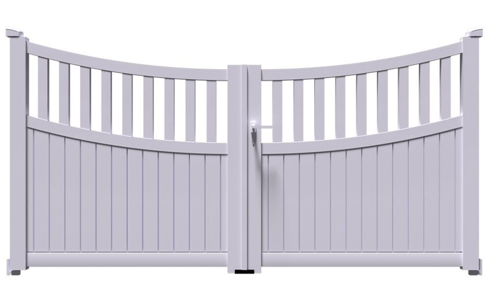 Portail aluminium BEN à 2 vantaux battants, double cintre et remplissage plein en lames de 116 mm