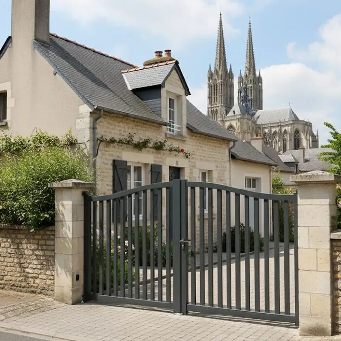 Portail aluminium BERI gris anthracite devant une maison en pierre