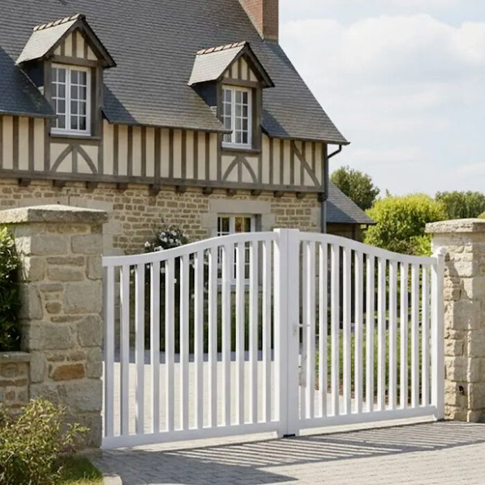 Portail aluminium BERI blanc devant une maison à colombages