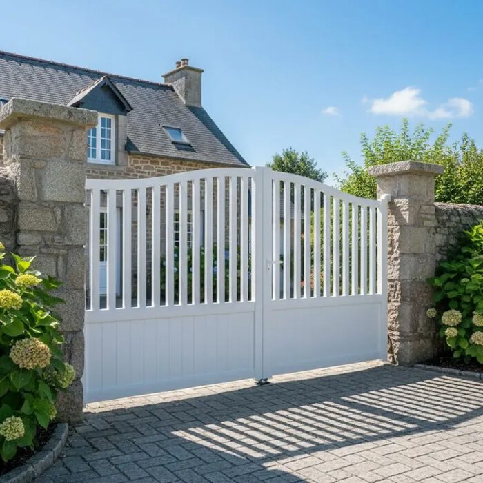 Portail aluminium BERI blanc cassé devant une maison bretonne