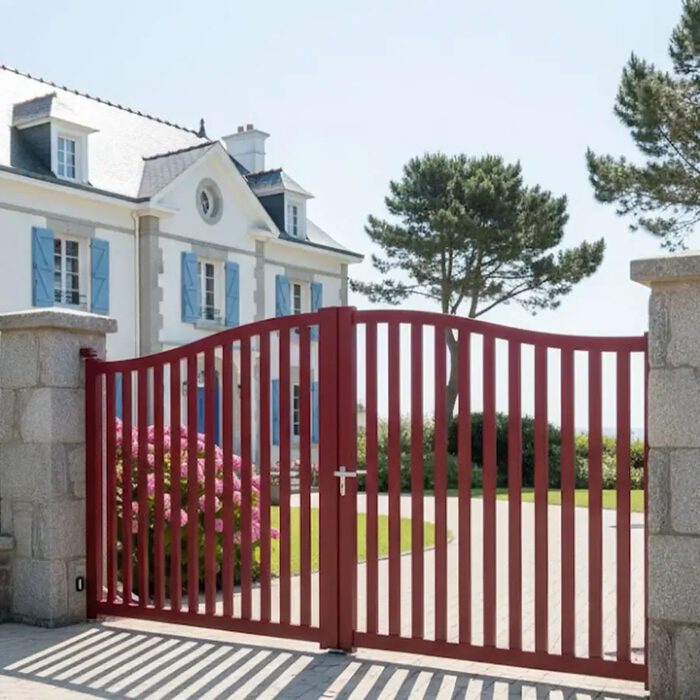 Portail aluminium BERI rouge devant une maison de bord de mer