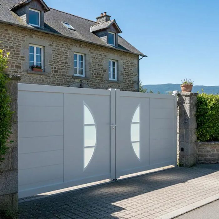 Portail aluminium BYL blanc devant une maison en pierre