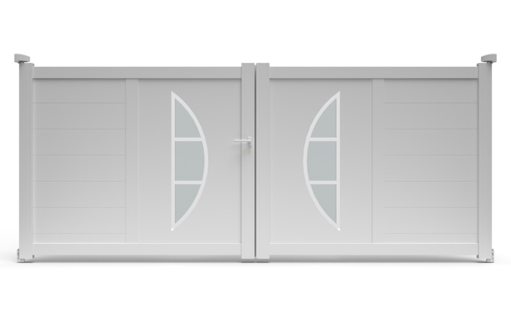 Portail aluminium design BYL à 2 vantaux battants, avec ses deux panneaux décoratifs à vitrage acrylique