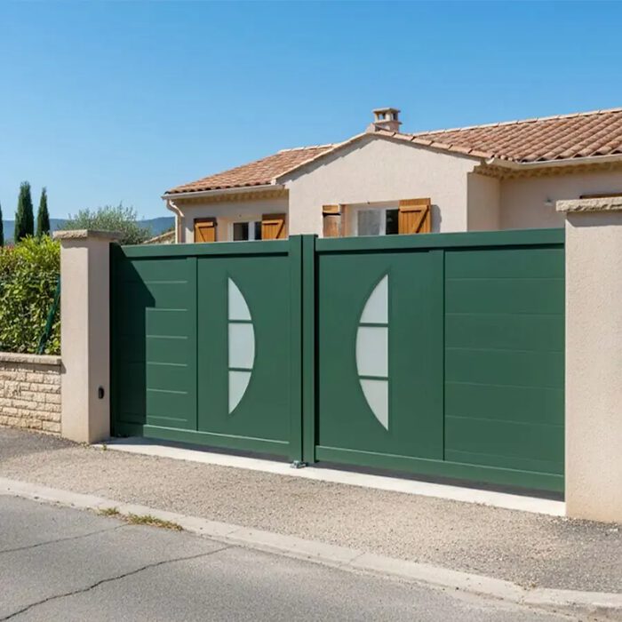 Portail aluminium BYL vert devant une maison à toit de tuiles