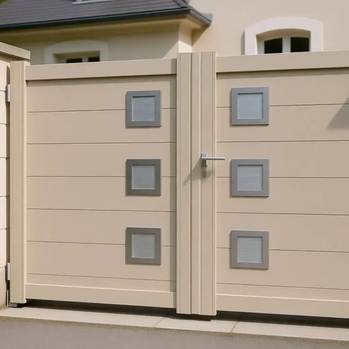 Portail aluminium CLAVER beige devant une maison claire