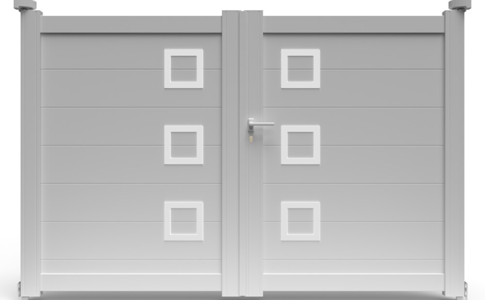 Portail aluminium design CLAVER à 2 vantaux battants, avec ses carrés décoratifs en aluminium brossé
