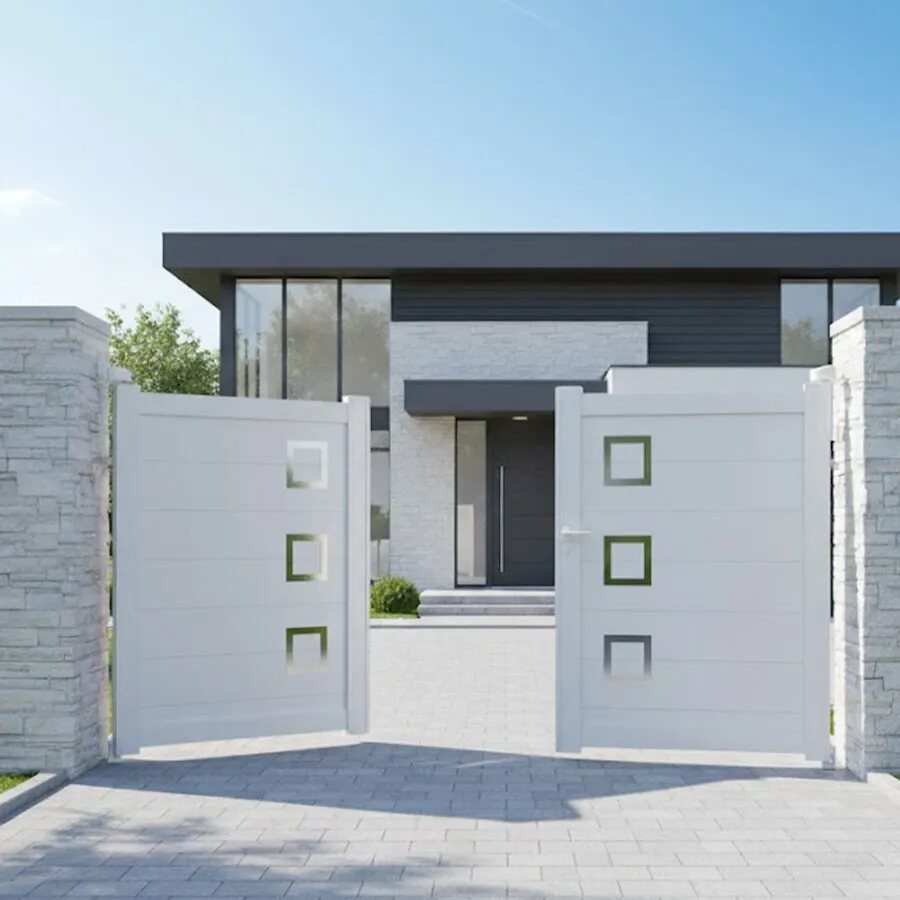 Portail aluminium CLAVER blanc, un vantail ouvert devant une maison contemporaine