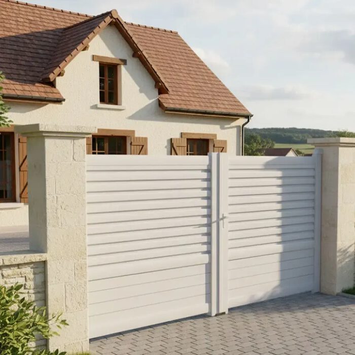 Portail aluminium DAD ivoire devant une maison à toit de tuiles