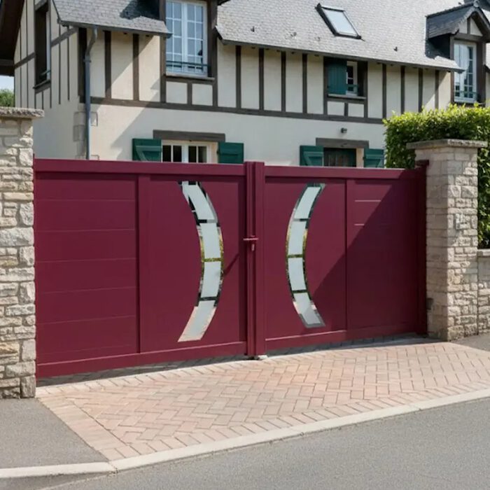 Portail aluminium DALL bordeaux devant une maison à colombages