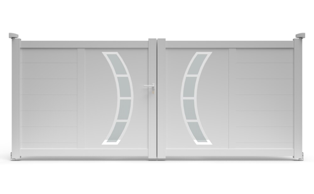 Portail aluminium design DALL à 2 vantaux battants, avec ses deux décors en arc à vitrage acrylique