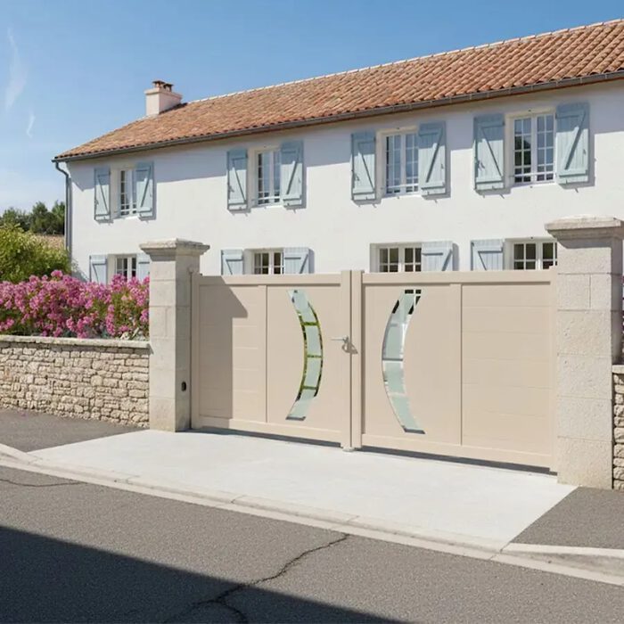 Portail aluminium DALL ivoire devant une maison à volets bleus