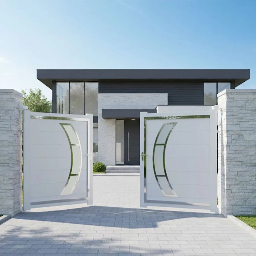 Portail aluminium design DALL blanc, ouvert devant une maison contemporaine