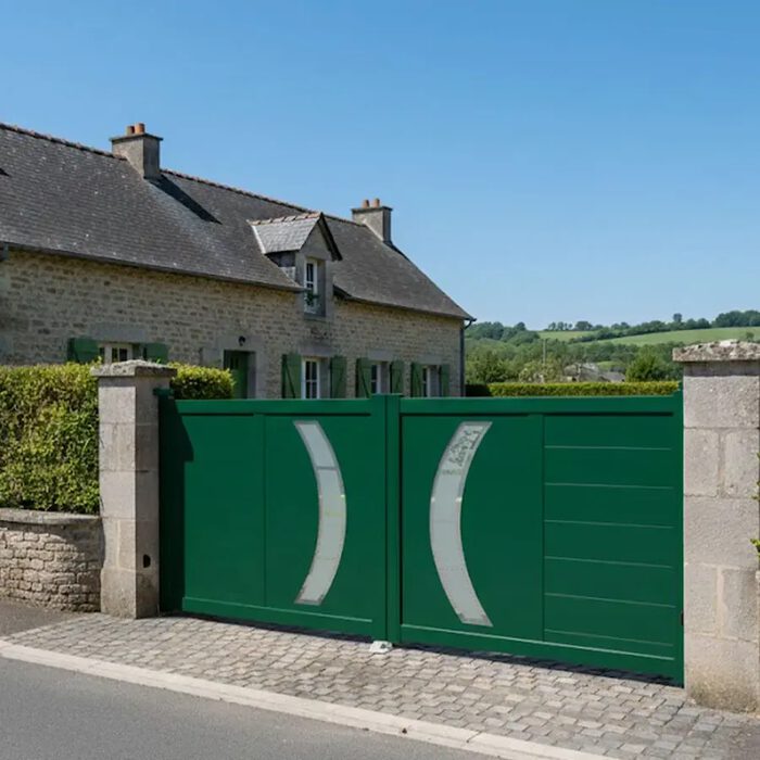 Portail aluminium DALL vert entre deux piliers en pierre