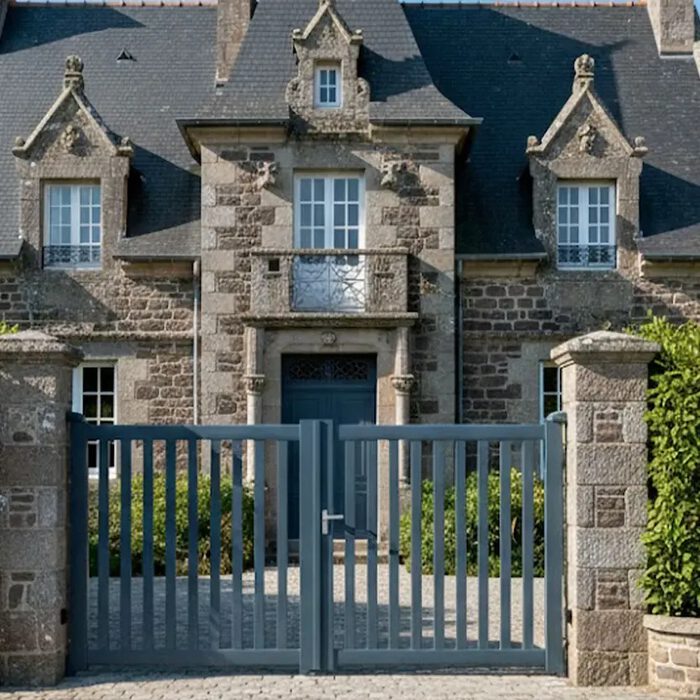 Portail aluminium DEN gris anthracite devant une demeure en pierre