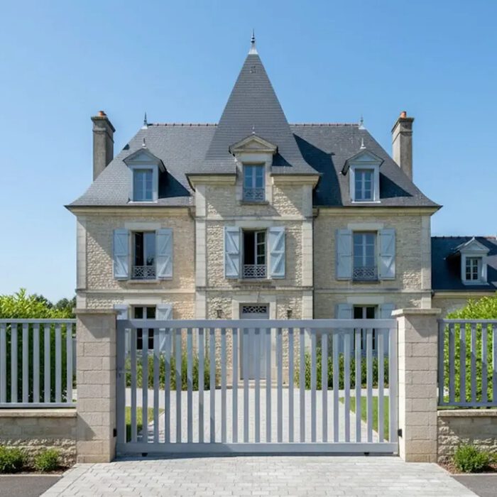 Portail aluminium DEN blanc cassé devant un manoir