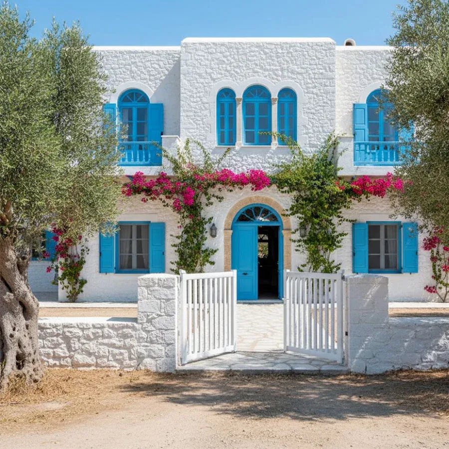 Portail aluminium DEN blanc, les deux vantaux ouverts devant une maison des Cyclades