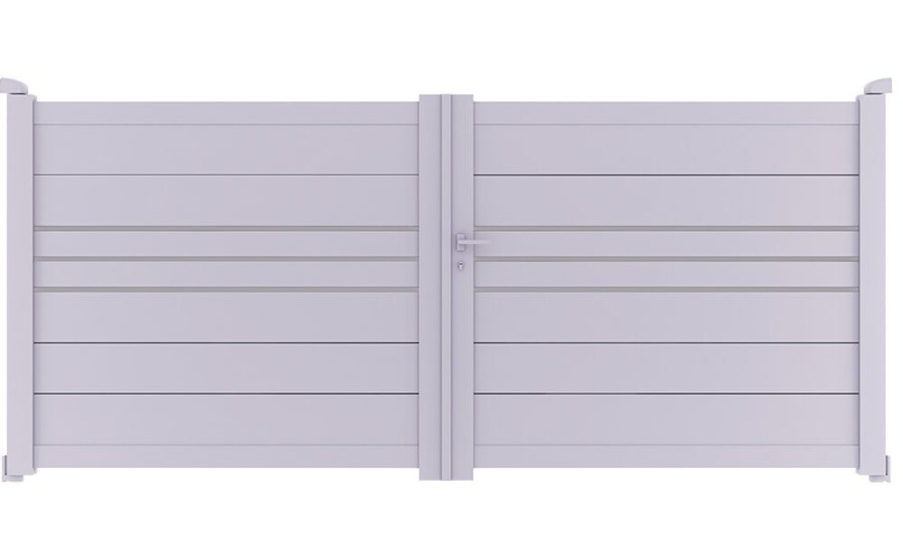 Portail aluminium DEVON à 2 vantaux battants, avec ses trois décors horizontaux en aluminium brossé