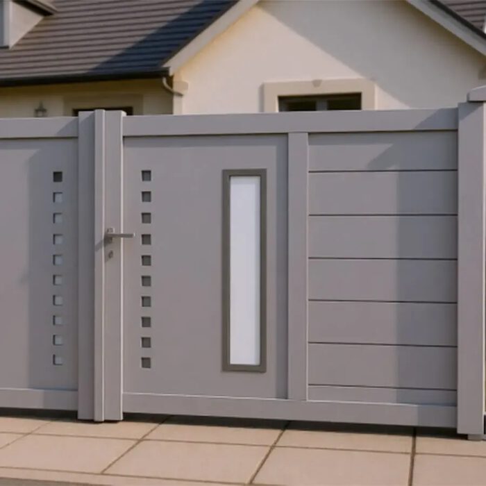 Portail aluminium DIOME gris sur une terrasse carrelée