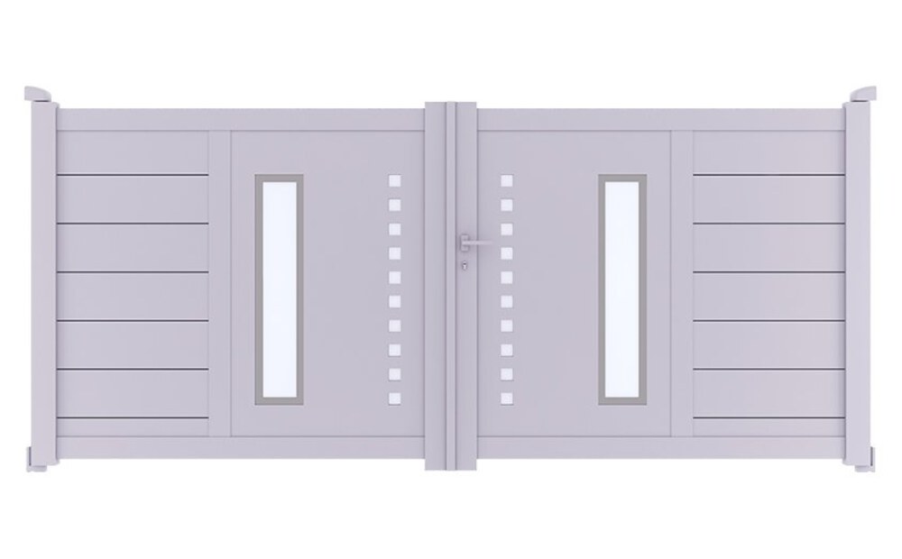 Portail aluminium DIOME à 2 vantaux battants, avec ses panneaux centraux et sa colonne de petits carrés