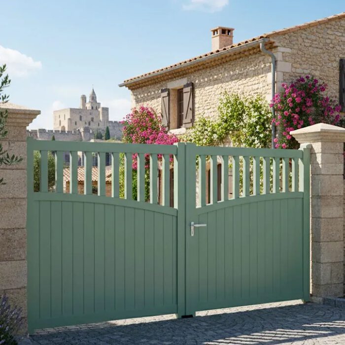 Portail aluminium GO gris vert devant une maison en pierre fleurie