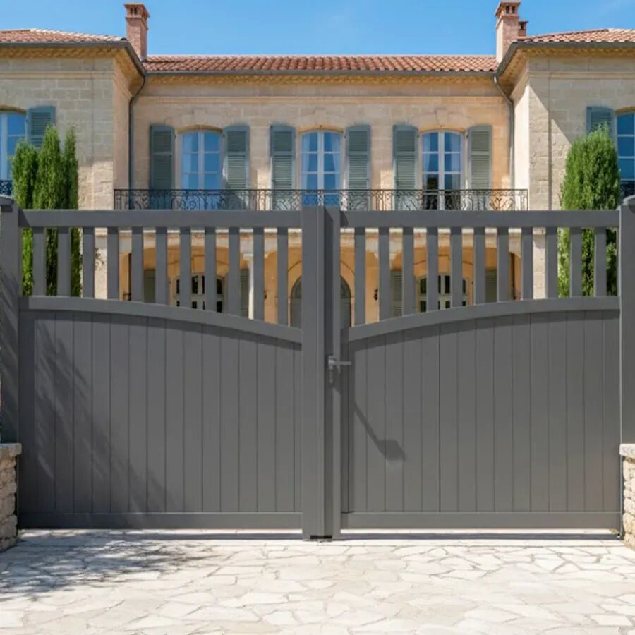 Portail aluminium GO gris vert entre deux piliers, devant une maison de caractère