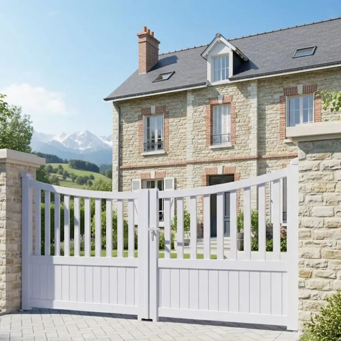 Portail aluminium ICO blanc devant une maison de montagne