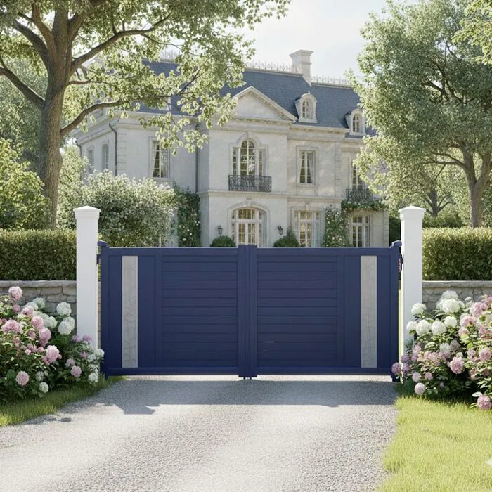 Portail aluminium JAM bleu nuit devant une demeure classique