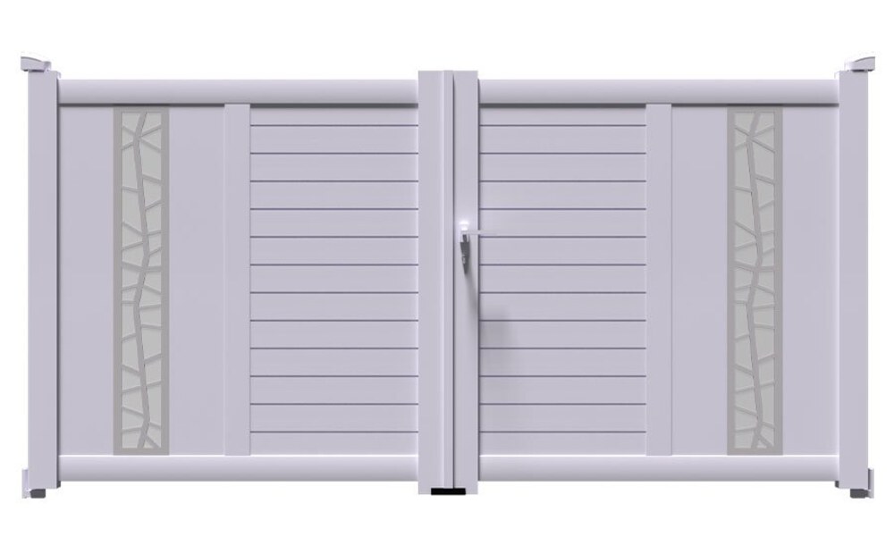 Portail aluminium JAM à 2 vantaux battants, avec ses bandes décoratives en aluminium brossé