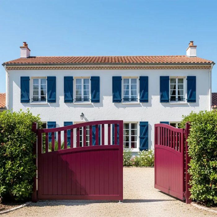 Portail aluminium KIMI bordeaux devant une maison aux volets bleus