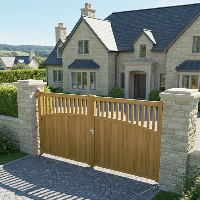 Portail aluminium KIMI chêne doré devant une maison en pierre