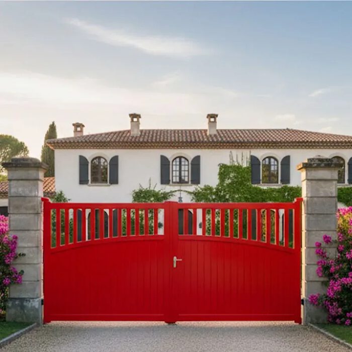 Portail aluminium KIMI rouge devant une villa méditerranéenne