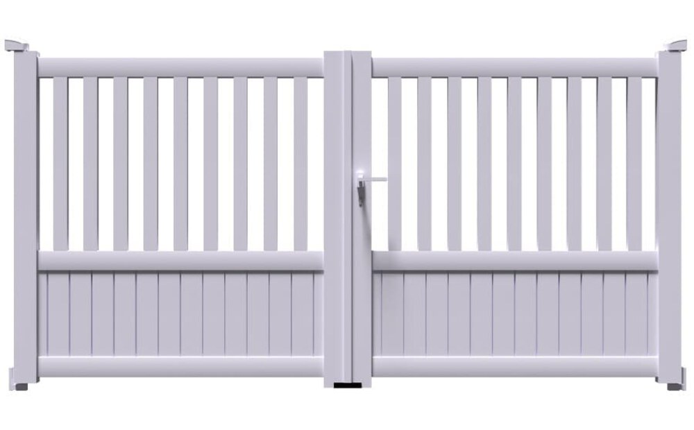 Portail aluminium KIN à 2 vantaux battants, barreaux verticaux en haut et bas plein