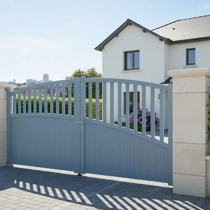 Portail aluminium LANZA bleu clair devant une maison blanche