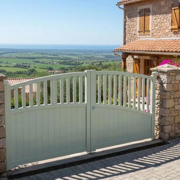 Portail aluminium LANZA gris vert ouvrant sur une allée pavée