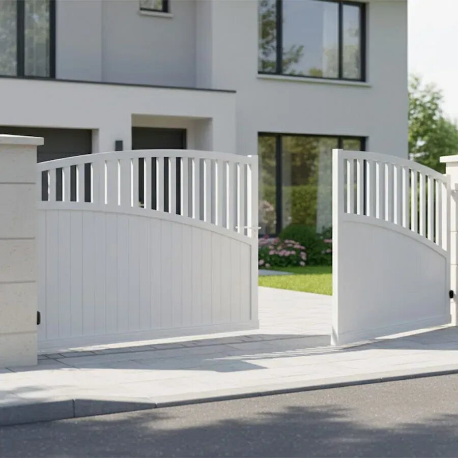 Portail aluminium LANZA blanc à 2 vantaux battants, un vantail ouvert vers l'intérieur