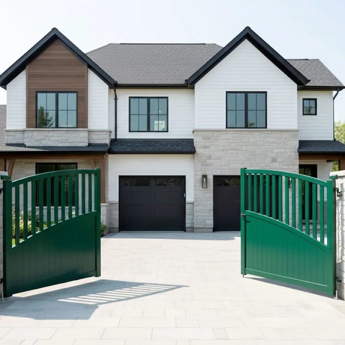 Portail aluminium LANZA vert à 2 vantaux devant une maison à bardage bois