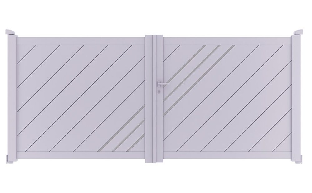 Portail aluminium design LESM à 2 vantaux battants, avec ses lames en biais et ses décors en aluminium brossé