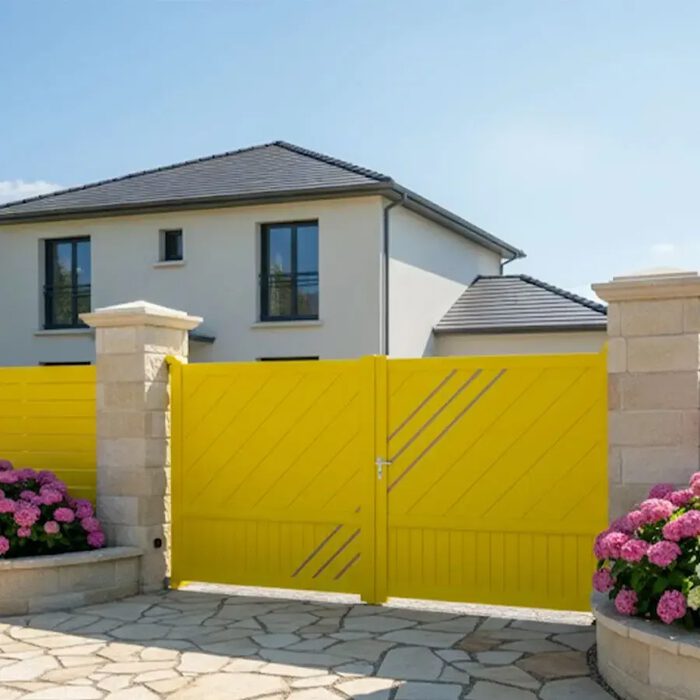 Portail aluminium LESM jaune devant une maison blanche