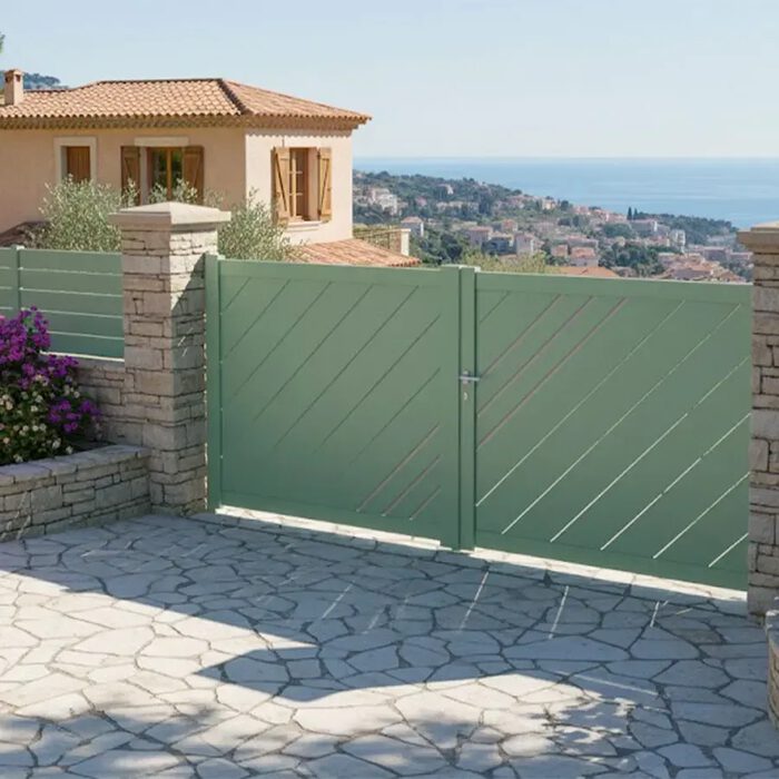 Portail aluminium LESM vert sur une terrasse en pierre
