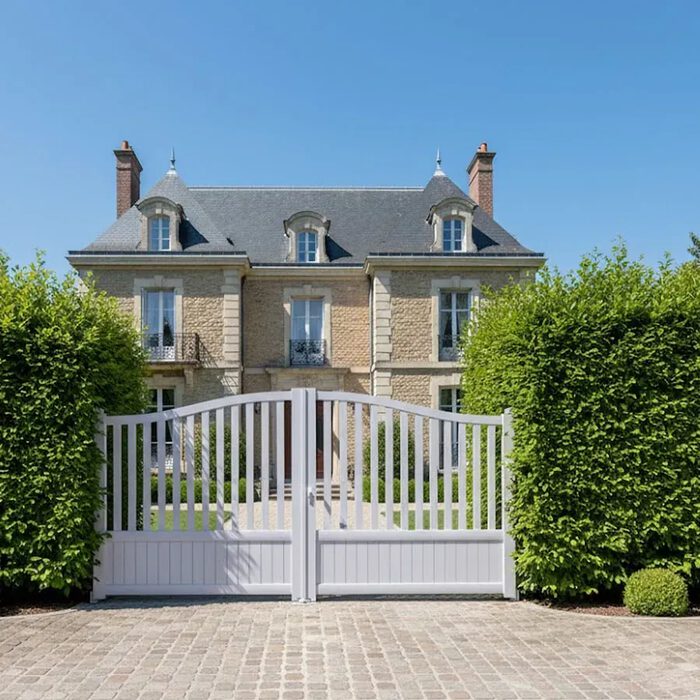 Portail aluminium LEV blanc devant une demeure classique