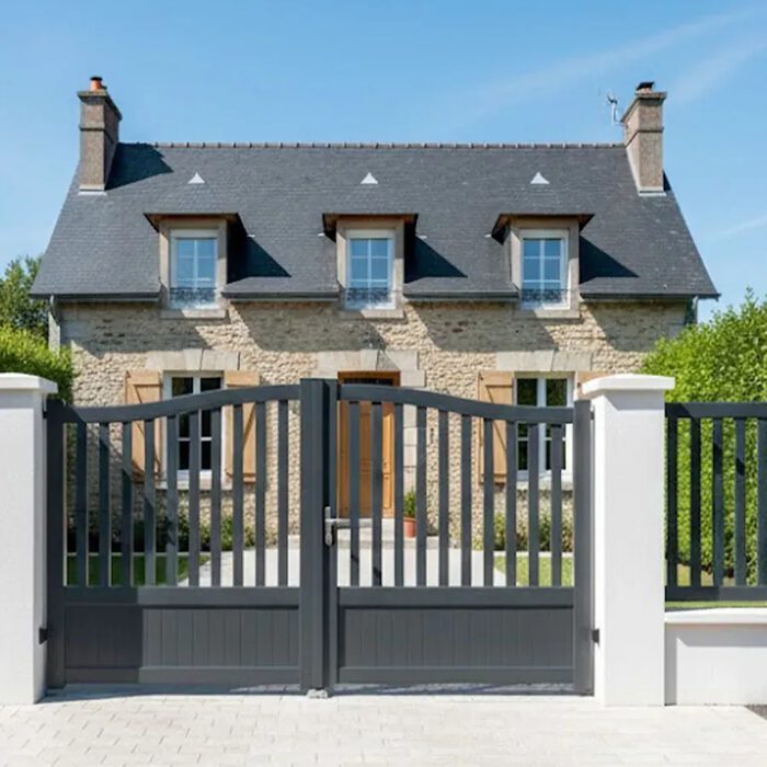 Portail aluminium LEV gris foncé devant une maison à lucarnes