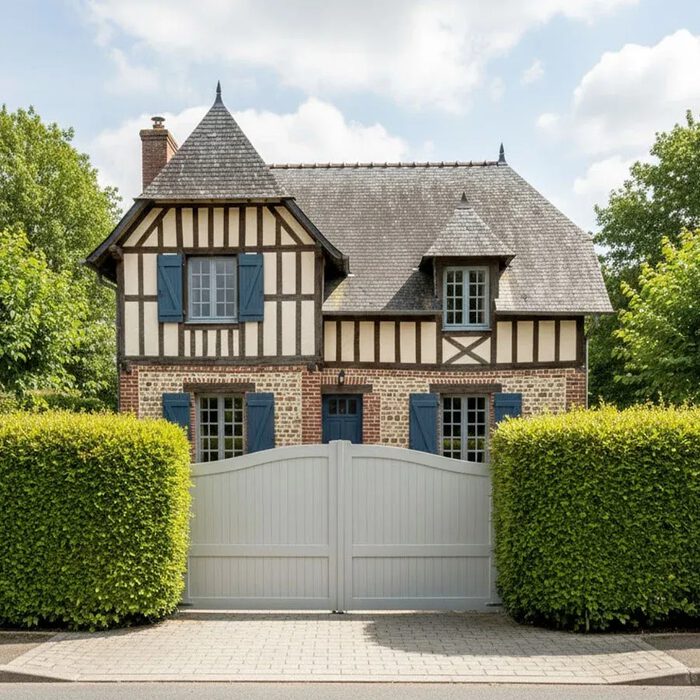 Portail aluminium MARA blanc devant une maison à colombages