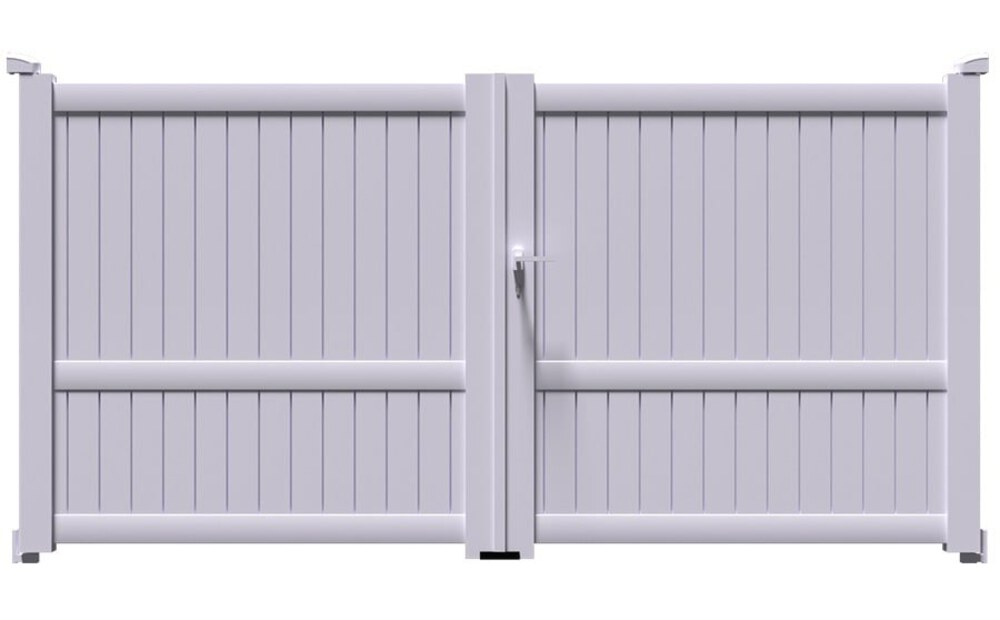 Portail aluminium MEL à 2 vantaux battants, plein en lames verticales avec traverse de milieu