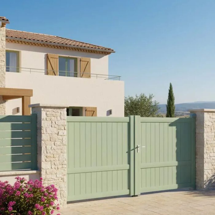 Portail aluminium MEL vert pâle devant une maison méditerranéenne