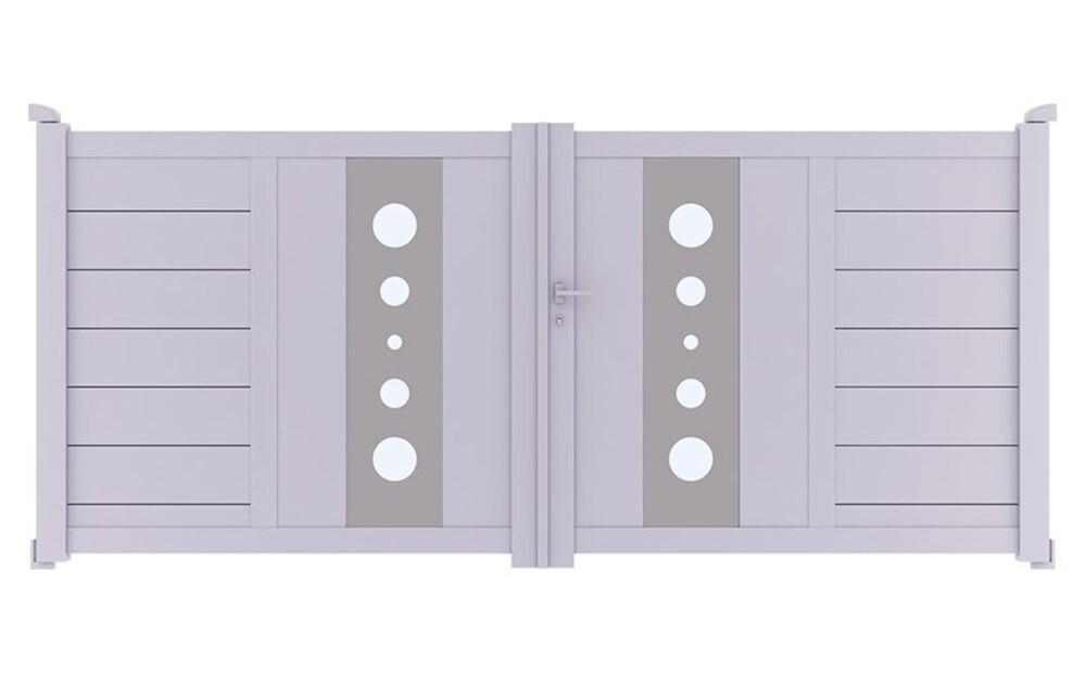 Portail aluminium design MIL à 2 vantaux battants, avec ses décors ronds en aluminium brossé