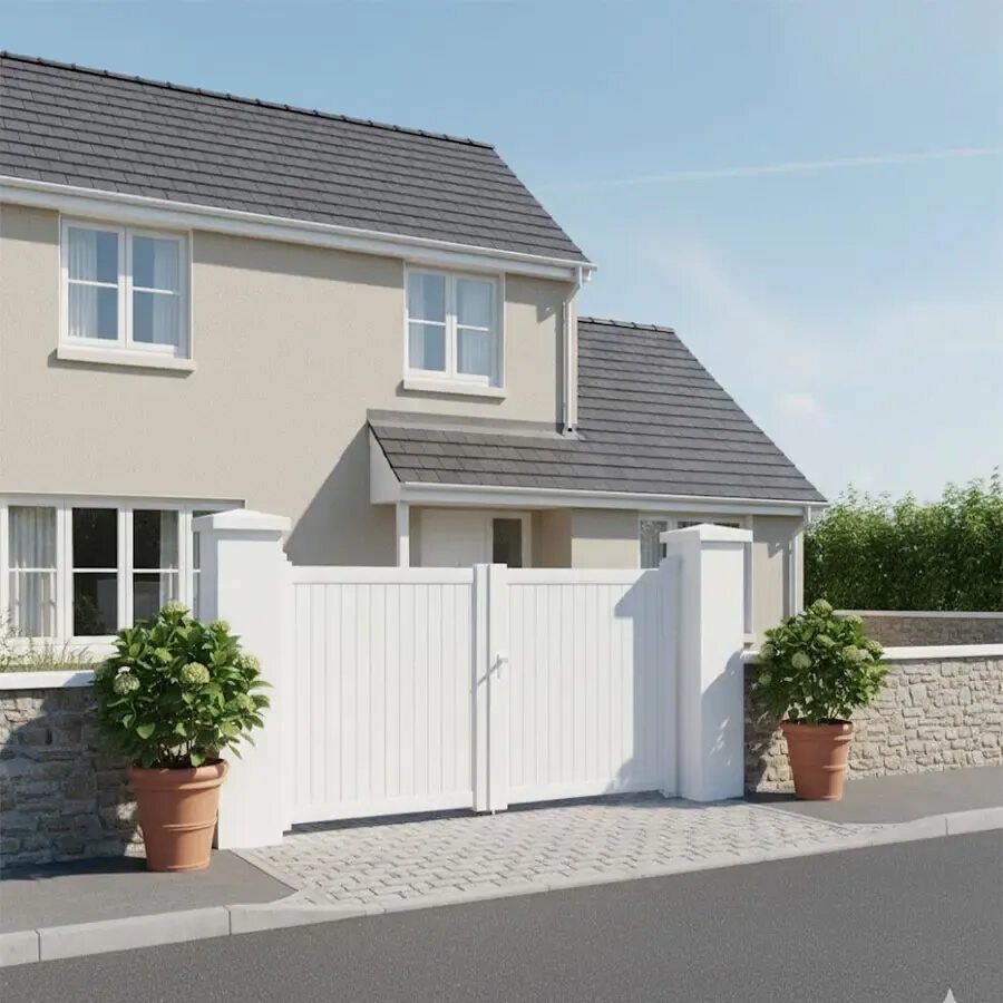Portail aluminium NATI blanc, les deux vantaux ouverts devant une maison contemporaine