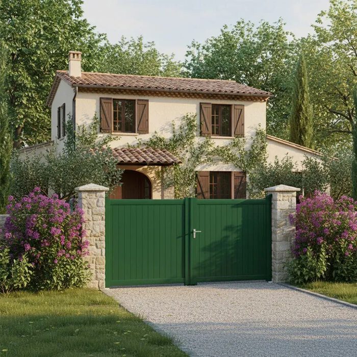 Portail aluminium NATI vert devant une maison provençale
